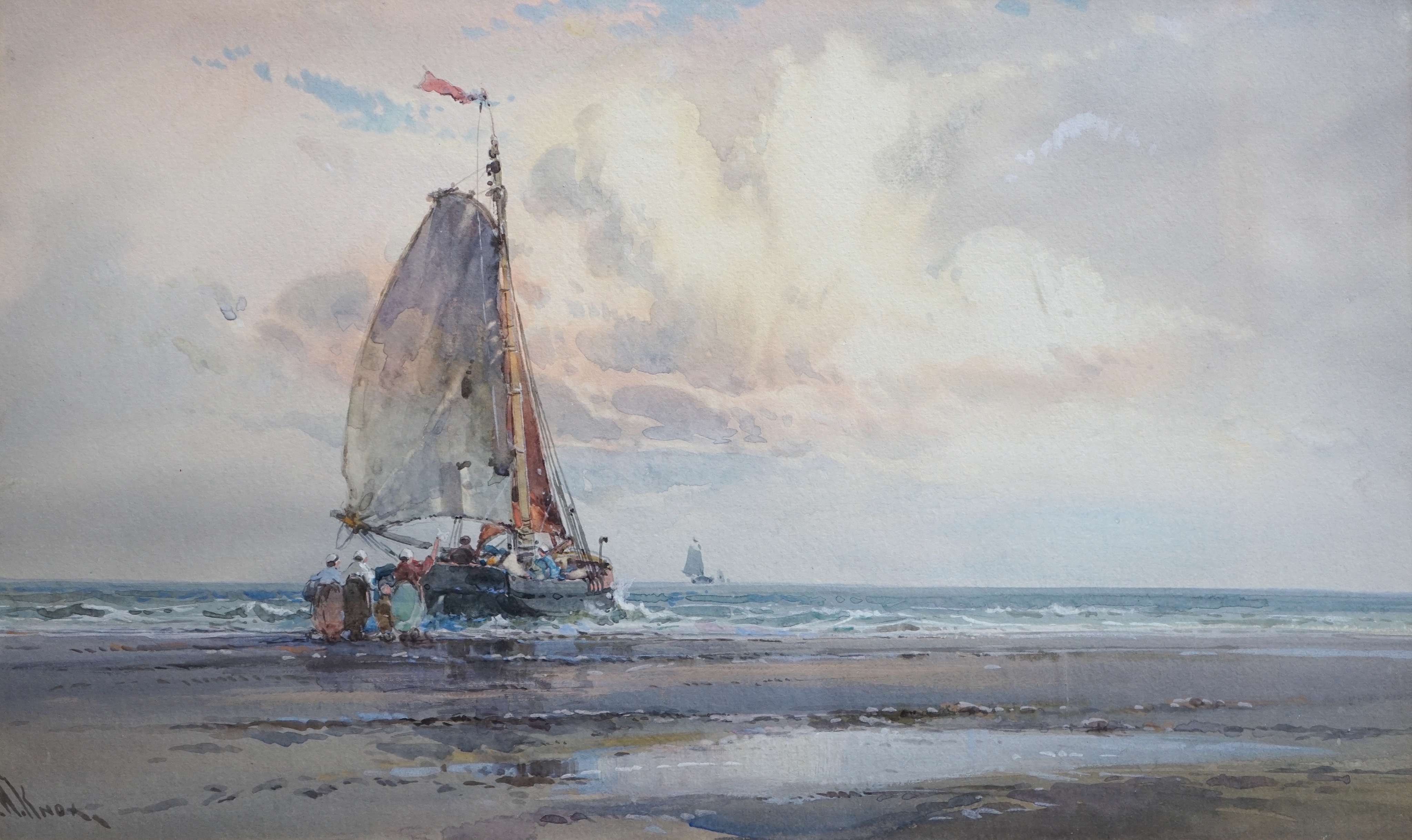 William Knox (1862-1925), watercolour and gouache, Dutch fishing boats, signed, 29 x 48cm